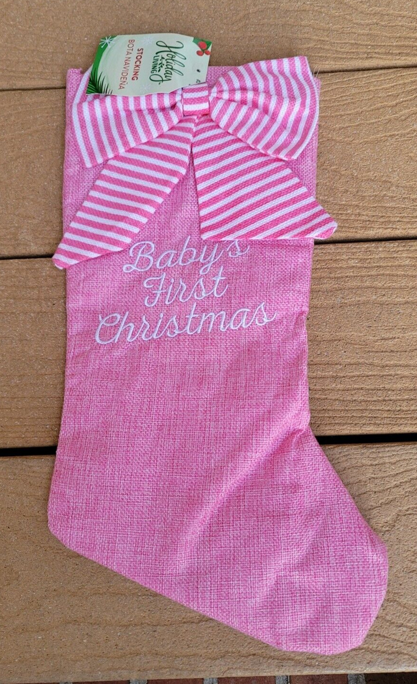 Holiday Living Pink Merry 1st Christmas Baby 17" Velvet Christmas Stocking